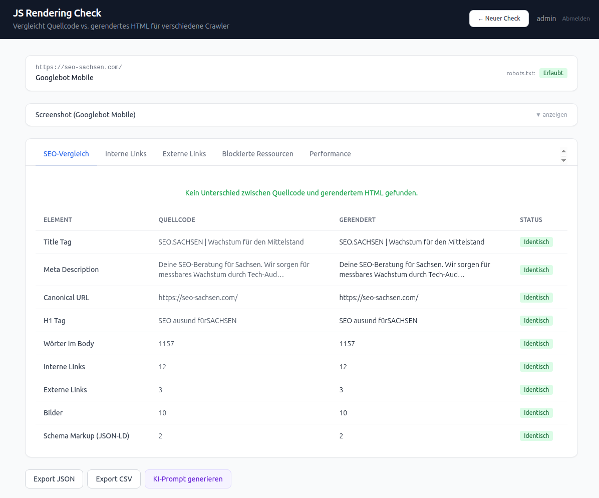 JS Rendering Check: seo-sachsen.com &ndash; alle Elemente identisch zwischen Quellcode und gerendertem HTML