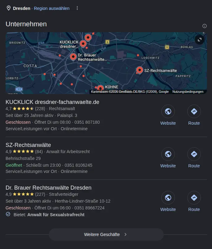 Google Local Pack Screenshot: Anwälte für Arbeitsrecht Leipzig in der lokalen Suche – mehrere Kanzleien prominent über den organischen Ergebnissen