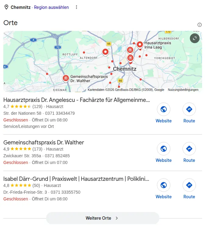 Google Local Pack Screenshot: Ärzte in Chemnitz in der lokalen Suche – mehrere Praxen prominent über den organischen Ergebnissen