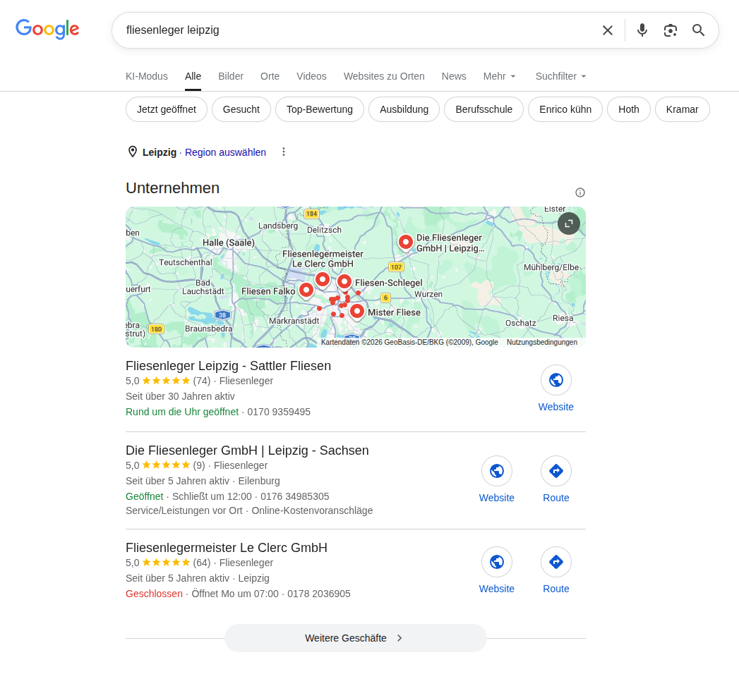 Google Local Pack Screenshot: Fließenleger Leipzig in der lokalen Suche – drei Betriebe prominent über den organischen Ergebnissen
