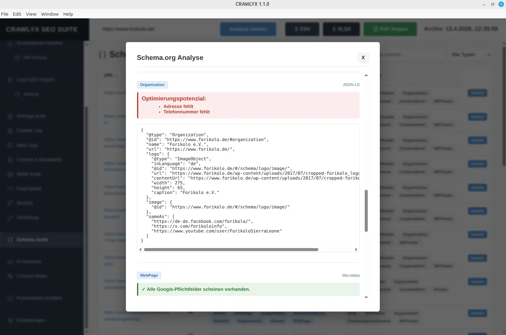 Crawlyx Schema-Analyse: Erkennung unvollst&auml;ndiger Markups am Beispiel Forikolo e.V.